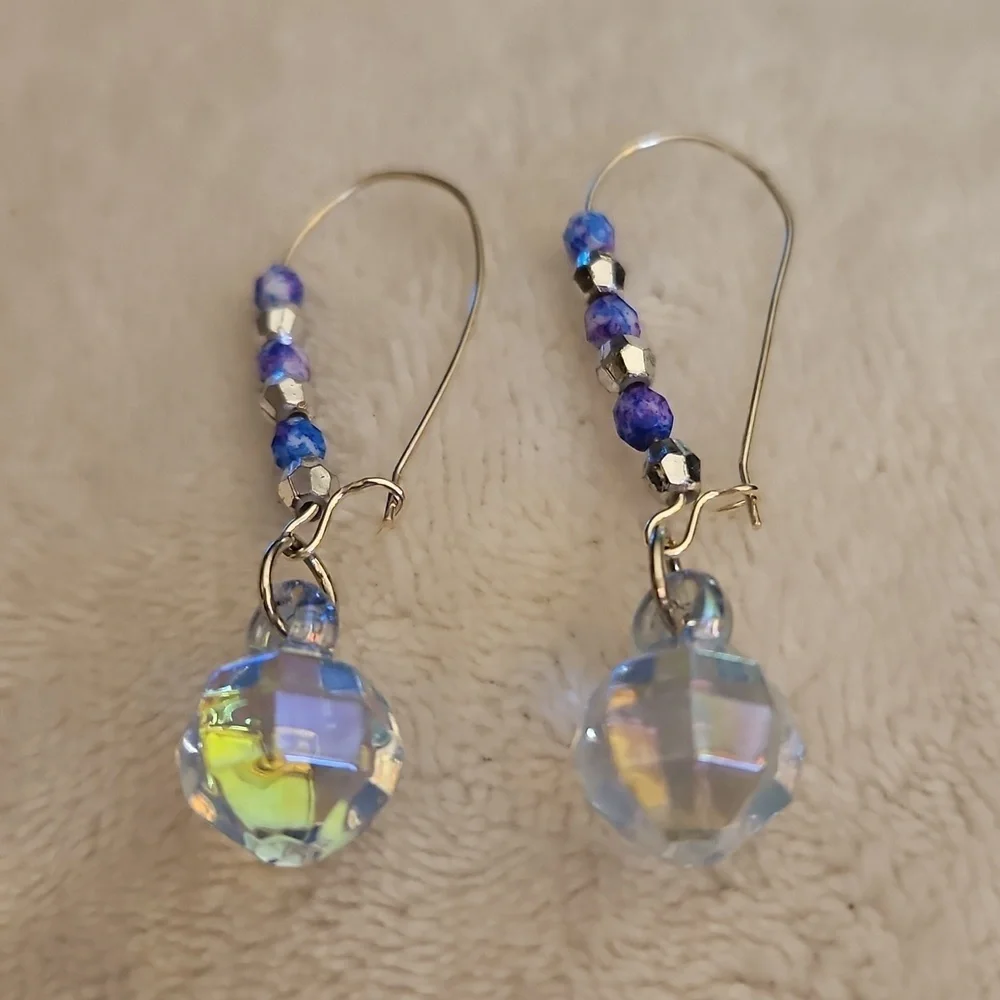 3/$30 HANDCRAFTED Lavendar Blue Czech Glass Beaded Disco Ball Hoop Earrings